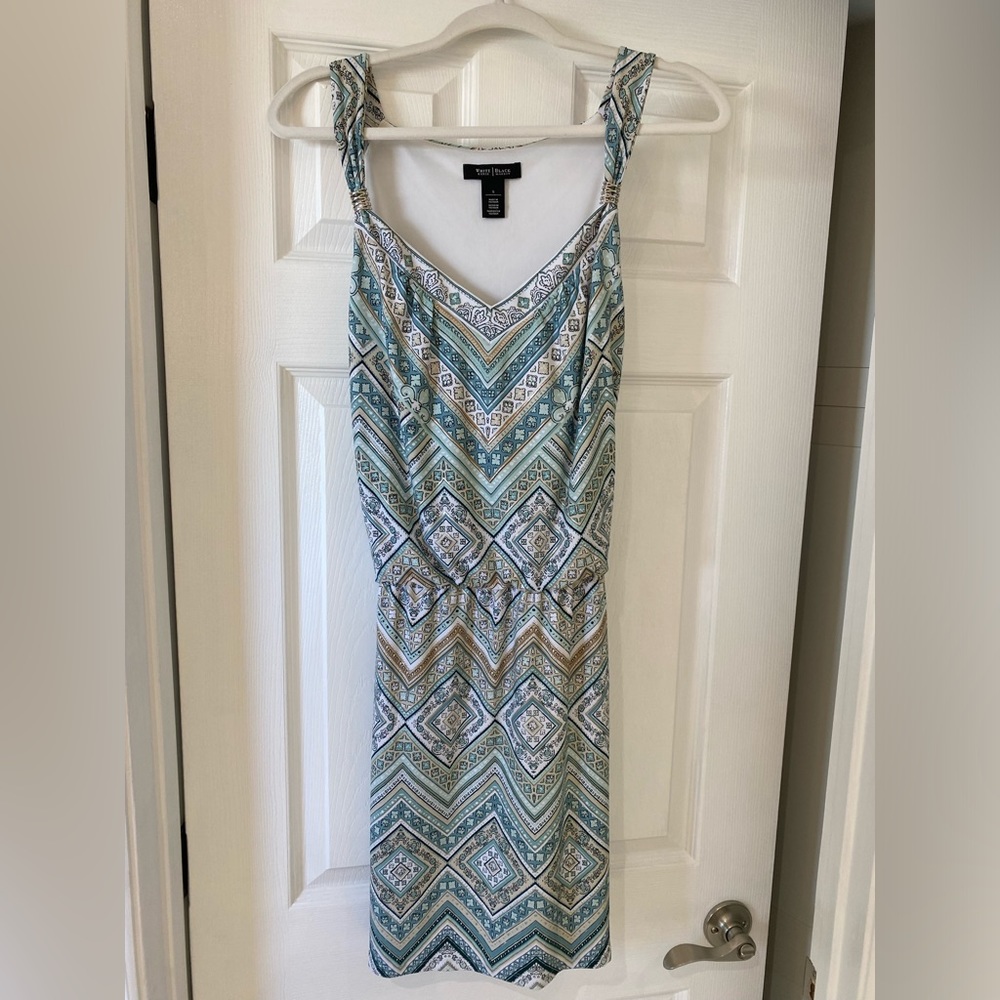 WHBM Dress. Teal Aztec Geometric Drop Waist Dress. Size Small